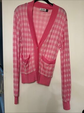 RIXO Pink Gingham Cardigan with Patch Pockets